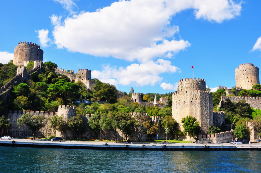 Ancient Rumeli Fortress viewed from a Bosphorus cruise boat in Istanbul