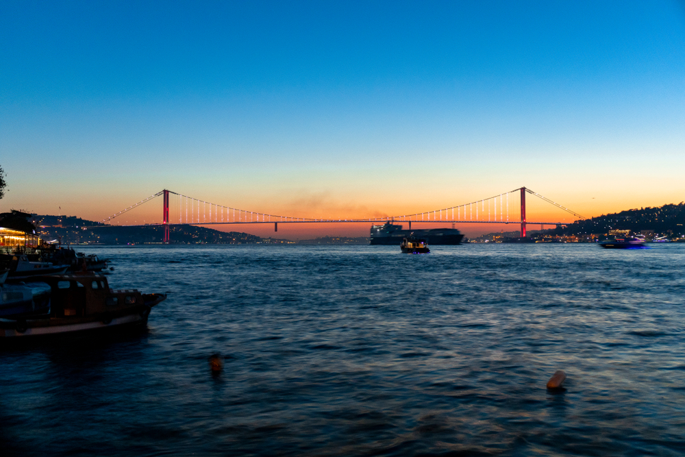Couples enjoying a sunset Bosphorus cruise on the upper deck in Istanbul
